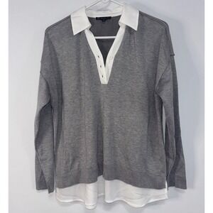 Adrianna Papell Layered Collared Sweater Knit Preppy Top Gray White M